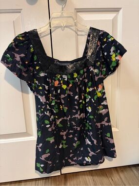 French Connection Black Multicolor Sequin-Trim Flutter Sleeve Blouse